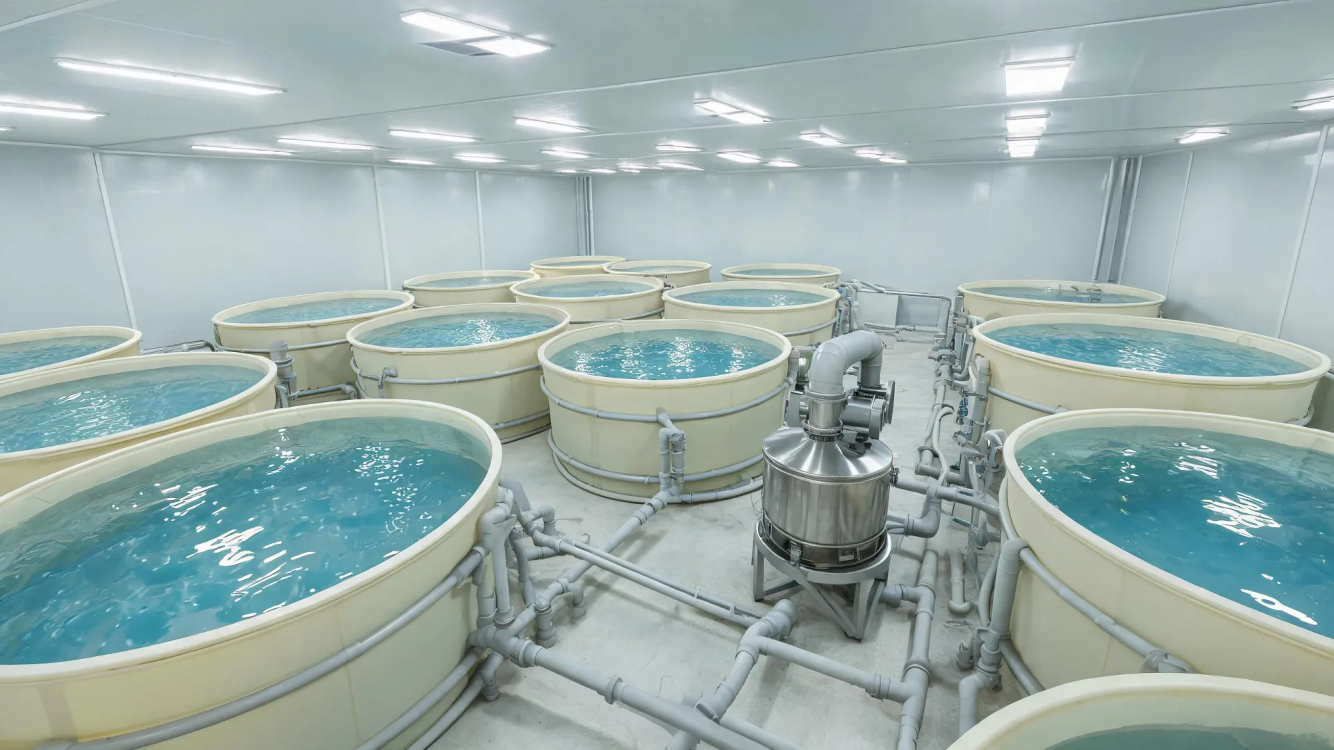 Indoor aquaculture tanks with water treatment pipework